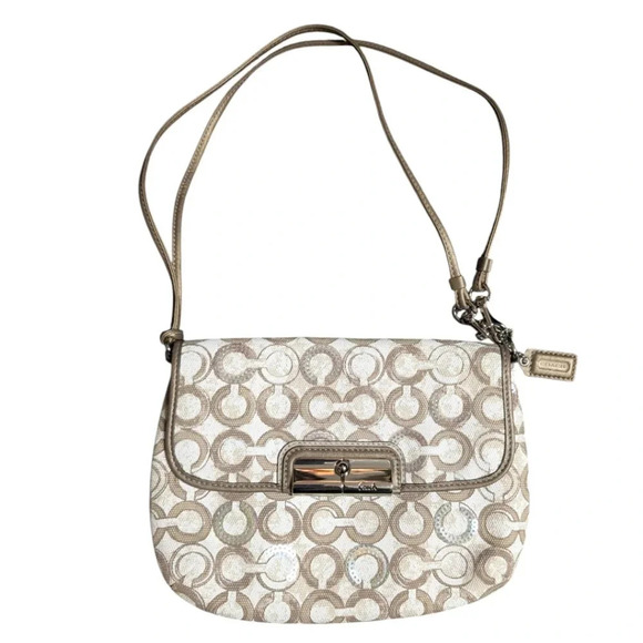 Coach Kristin Op Art Sequin Crossbody Bag Mushroom Taupe White Small Women's OS - Picture 1 of 14